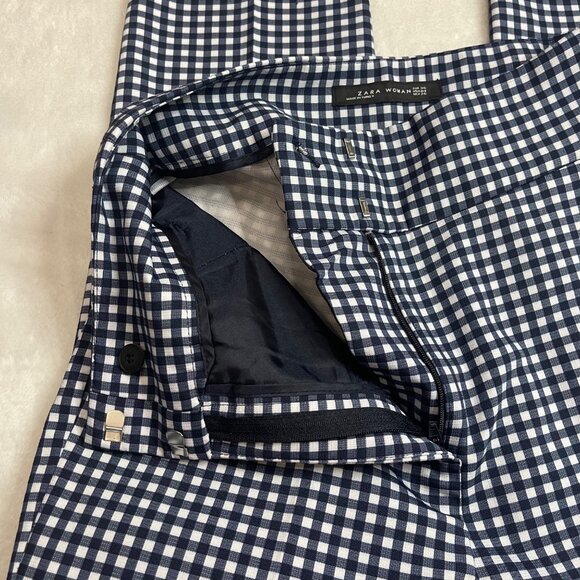 Zara Woman Gingham High Waisted Ankle Pants Size 4 Pockets Trousers Navy White - Picture 6 of 10